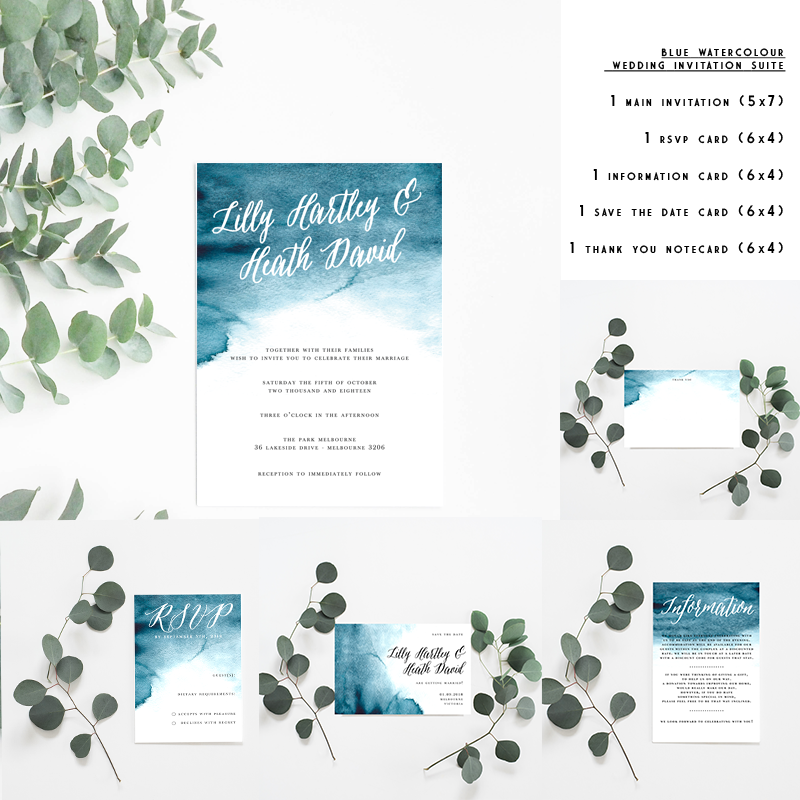 Blue Watercolour Wedding Invitation Suite - Misiu Papier